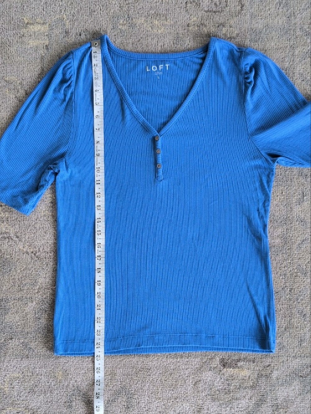 LOFT Bright Blue Ribbed V-Neck Button Top - Picture 4 of 6